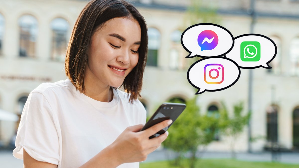 Eine Frau hält ein Smartphone und vor ihr sind Sprechblasen mit den Logos von Facebook-Messenger, WhatsApp und Instagram